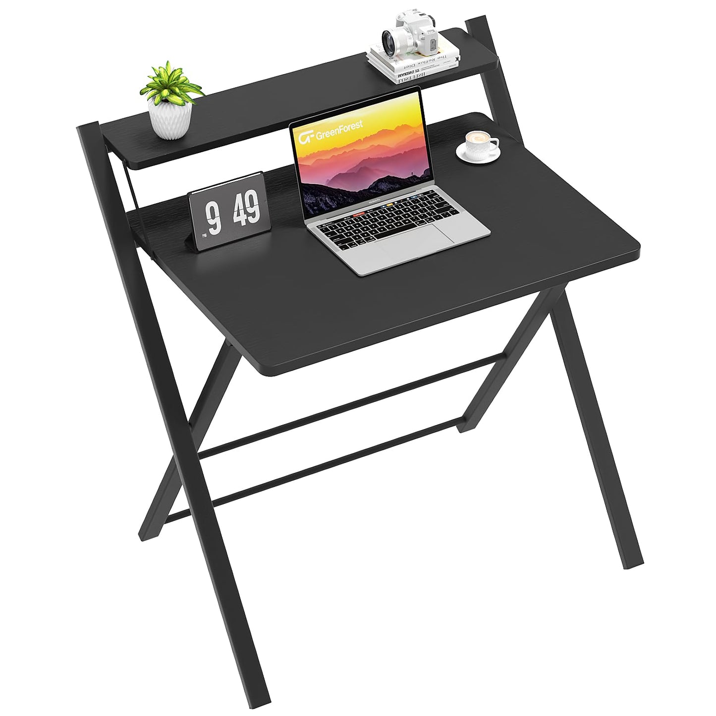 GreenForest Folding Desk No Assembly Required Small Size, 2-Tier Foldable Computer Desk with Shelf for Home Office, Space Saving Portable Laptop Study Foldable Table for Small Spaces, Black