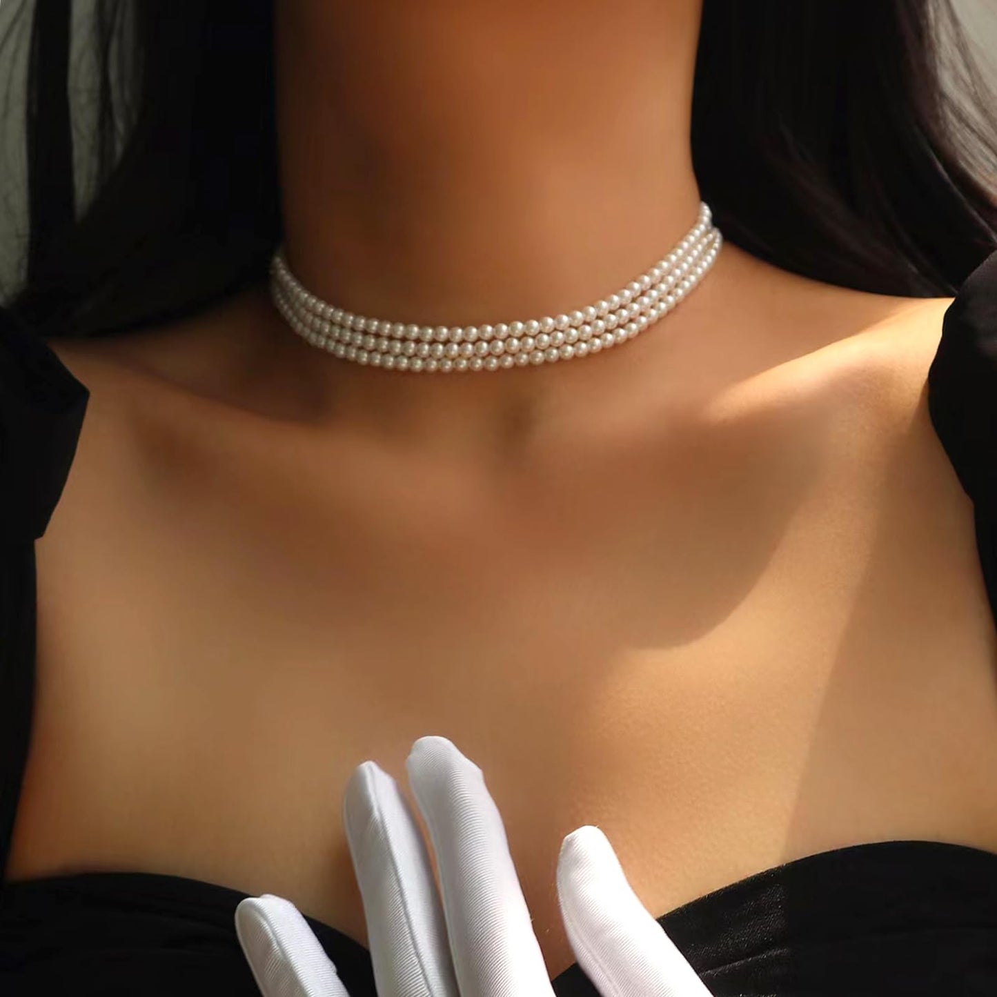 Zeffy Pearl Choker Necklace Round Imitation Pearl Necklace Multi Strands Choker Wedding Party Prom Vintage 1920s Short Choker Necklace for Women