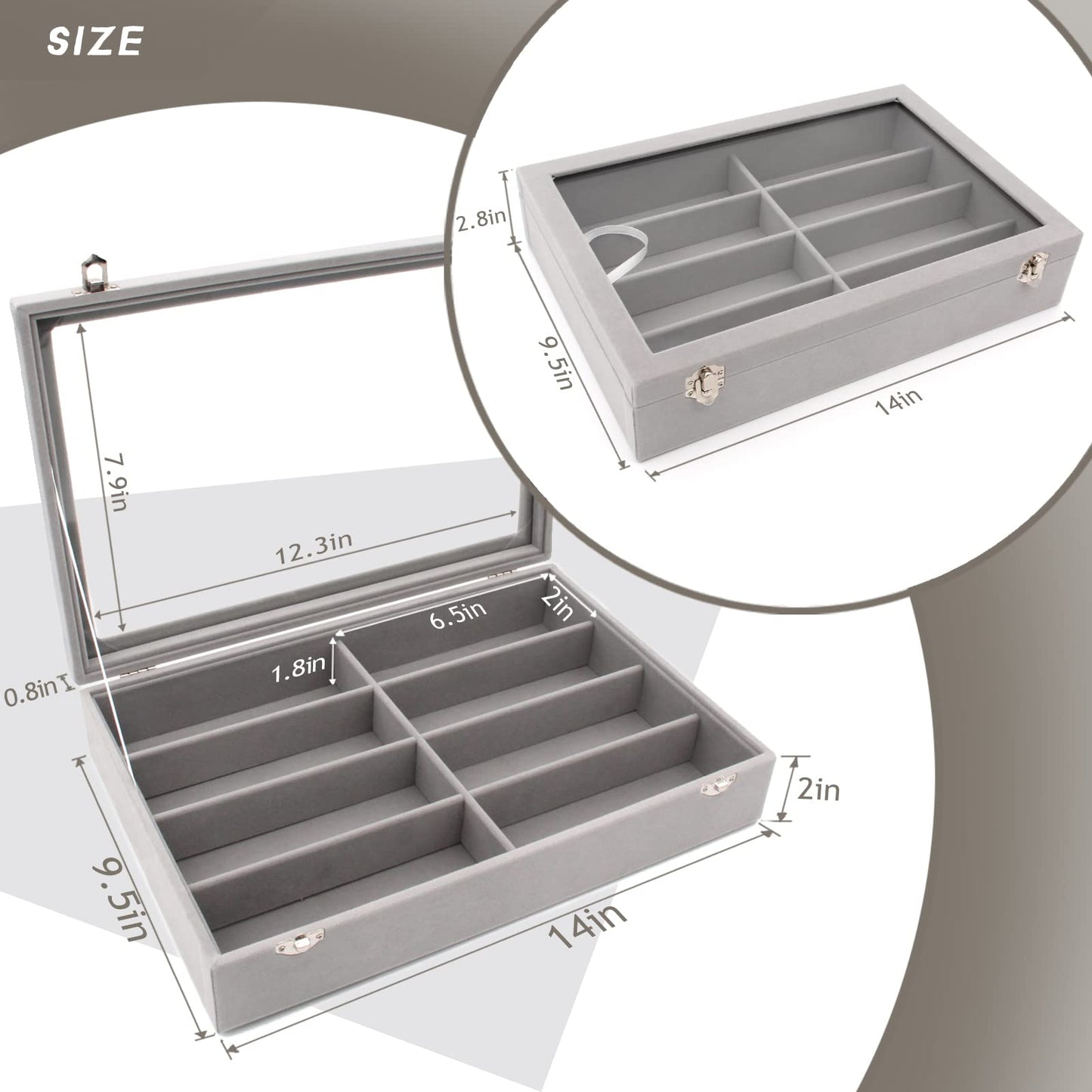 KLOUD City Luxury Sunglasses Organizer - 8 Slot Velvet Jewelry Storage Case with Clear Glass Lid | Dustproof, Scratch-Resistant Display for Glasses & Watches | Elegant Gift Box (14"x9.5")