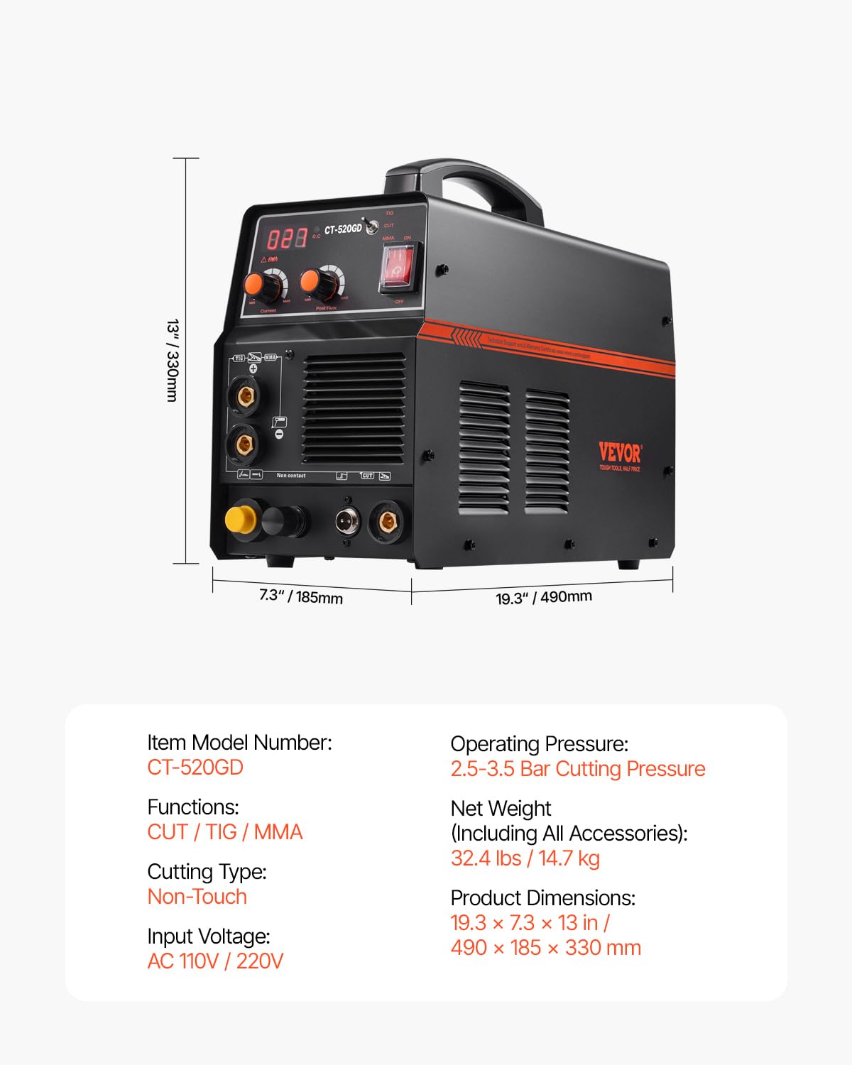 VEVOR 3 in 1 Plasma Cutter Welder Machine, CT-520GD TIG/MMA Plasma Cutter Combo Machine, 50A Non-Touch Pilot Arc Plasma Cutter, 200A TIG and Stick Welder, Digital 110/220V Dual Voltage IGBT Inverter