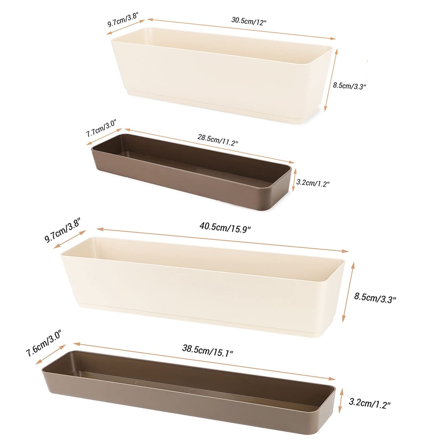 2 Pack Window Box Planter, Suream 12x3.8 Inch/16x3.8 Inch Indoor Succulent Pots with Tray, Plastic Rectangle Plants, Cactus Containers for Office, Windowsill, Garden Balcony, Porch Outdoor Decoration