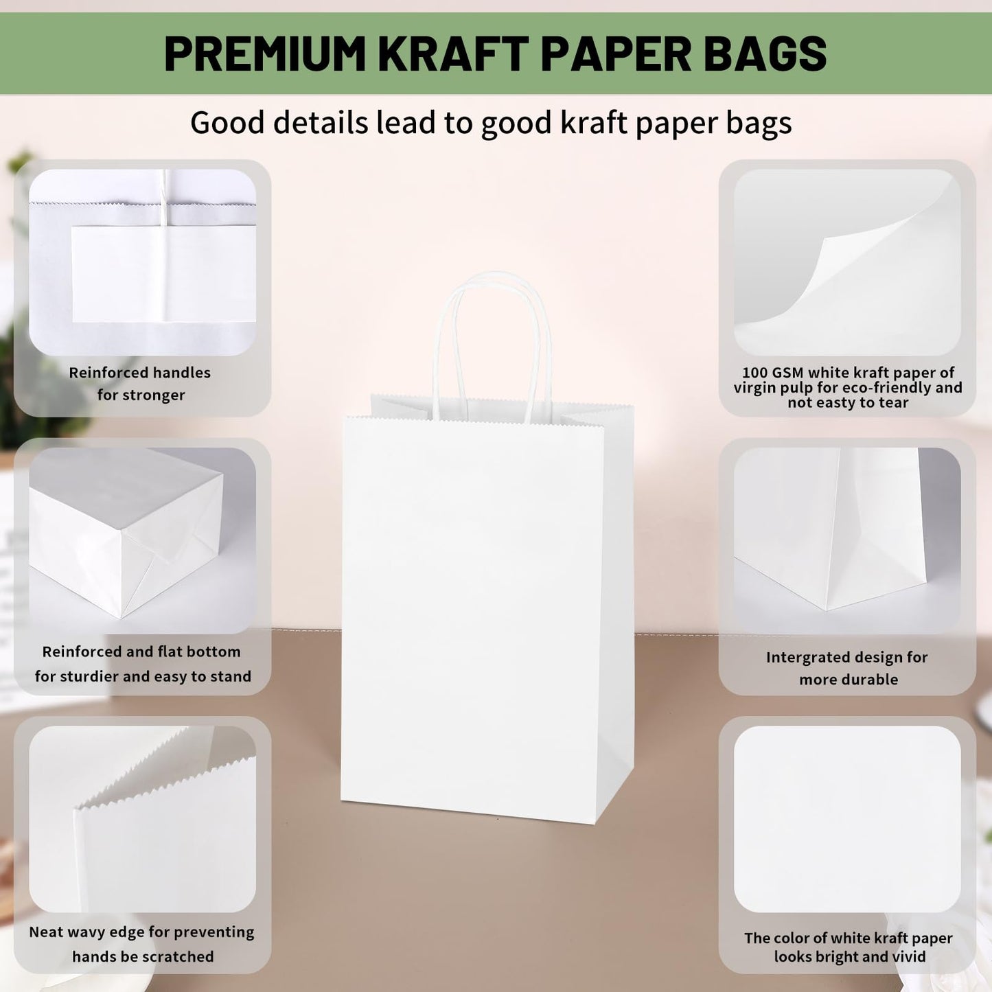 Mlyta 300 Pack 5.25x3.25x8.5 Inch Small White Kraft Paper Gift Bags with Handles Bulk for Goodie, Party Favor Brithday Grocery Shopping, Small Business Wedding Retail Craft Treat, Merchandise Sacks