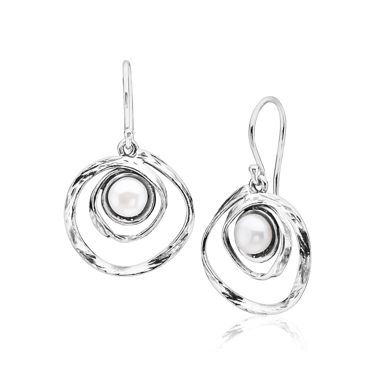 Jean Rachel Jewelry 925 Sterling Silver Dangle Earrings for Women with Freshwater Pearl - Free Form Vintage Design - Hypoallergenic, Lead & Nickel Free - Artisan Handcrafted Statement Earrings - White
