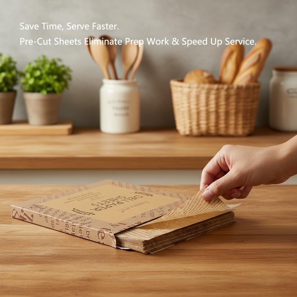 Aegwynn Deli Paper Sheets, Wax Coated, Food Safe, Grease-Proof, 10x10 Inch, 200 Count, Kraft Paper for Food Service, Sandwich Wrapping