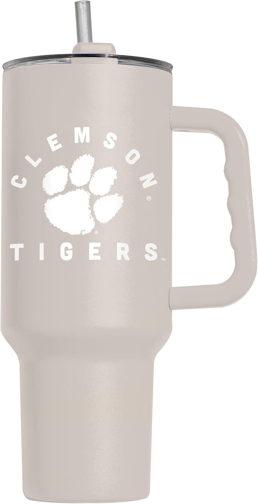 Logo Brands NCAA Clemson Tigers Sand 40 oz Tumbler with Handle - Stylish Everyday Use Powder Coated-Stainless Steel with Straw- Keeps Cold For Hours