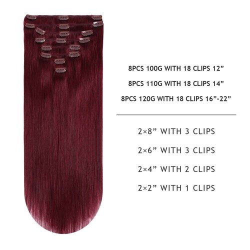 YILITE Hair Extensions Clip in Human Hair 8Pcs 120Gram/Pack Burgundy Silky Remy Human Hair Double Weft Straight Real Hair Extensions Clip ins Thick (18inches #99J Burgundy）