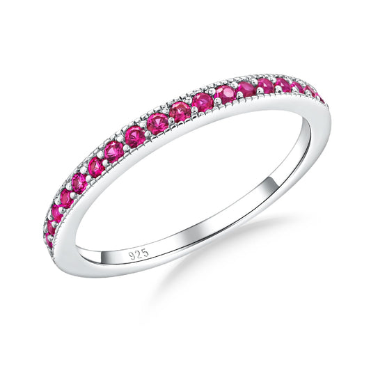 AGRULE Ruby Wedding Band 925 Sterling Silver Created July Birthstone Ring 0.4 Cttw Half Eternity Band Red Gemstone Engagement Rings Stackable Ring for Women, Size 8