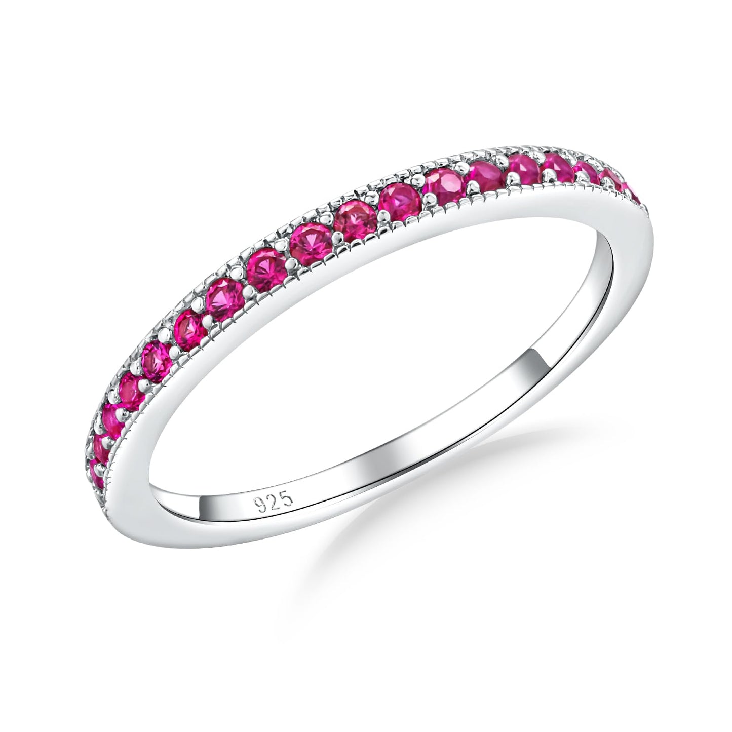 AGRULE Ruby Birthstone Ring 0.4 Cttw Half Eternity Band Rings 14k White Gold Plated Sterling Silver Bezel Set July Birthstone Wedding Bands 1.7mm Wide Anniversary Rings for Men Women, Size 7