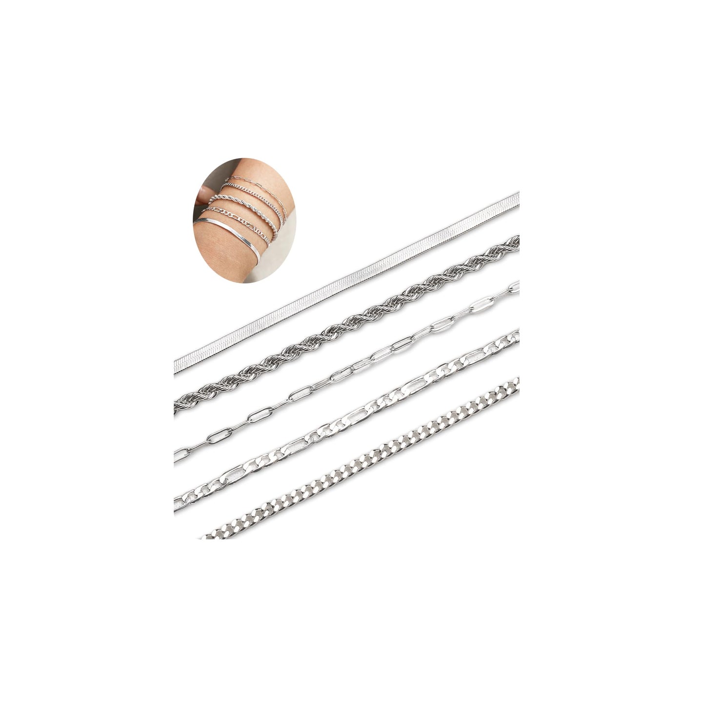 Krfy 5Pcs Silver Bracelets for Women, Gold Plated Bracelet Stack, Non Tarnish Waterproof Bracelets for Women, Fashion Accessories with Paperclip Herringbone Figaro Cuban Twist Chains