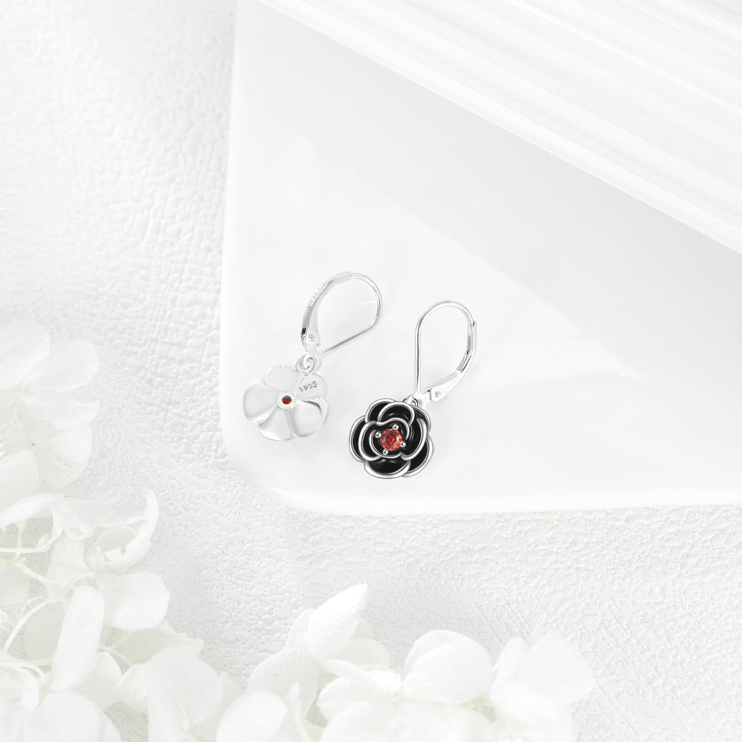 TIGER RIDER Black Rose 925 Sterling Silver Leverback Earrings Flora Jewelry Gift for Women Birthday Christmas