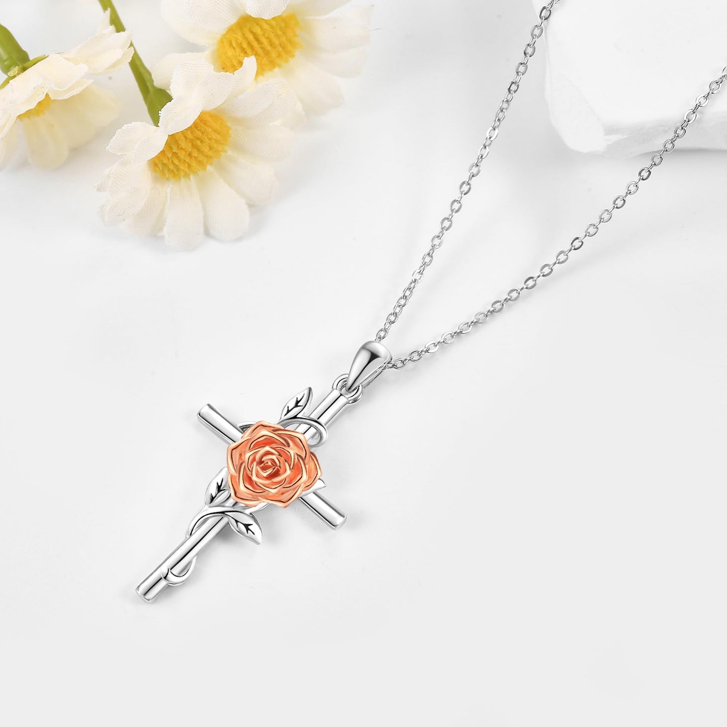 Flower Cross Necklace 925 Sterling Silver Rose Cross Necklace Birth Flower Jewelry for Women