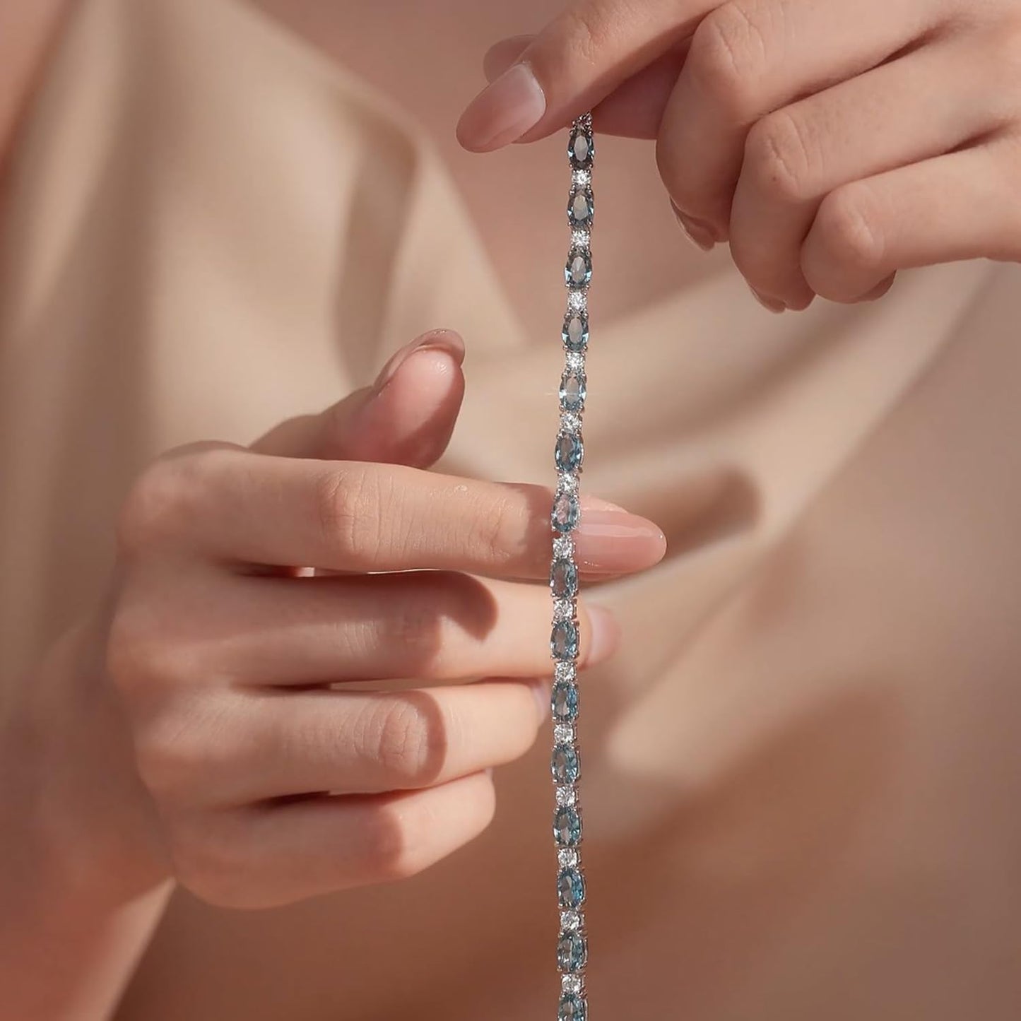 FANCIME Sterling Silver Created Aquamarine Tennis Bracelet March Birthstone Bracelet Oval CZ Dainty Charm Fine Jewelry for Women 7"