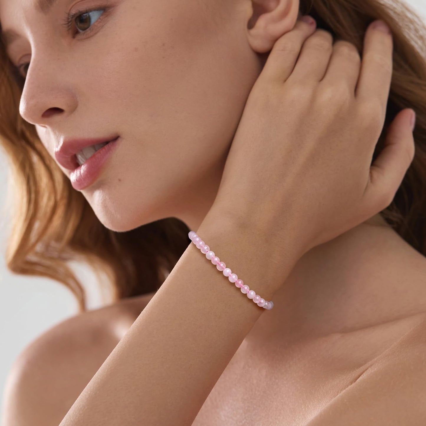 Bolinailo Crystal Beaded Bracelets for Women 4mm Rose Quartz Bead Handmade Gemstone Stretch Elastic Bracelet Natural Stone Crystal Healing Reiki Spiritual Jewelry Gifts