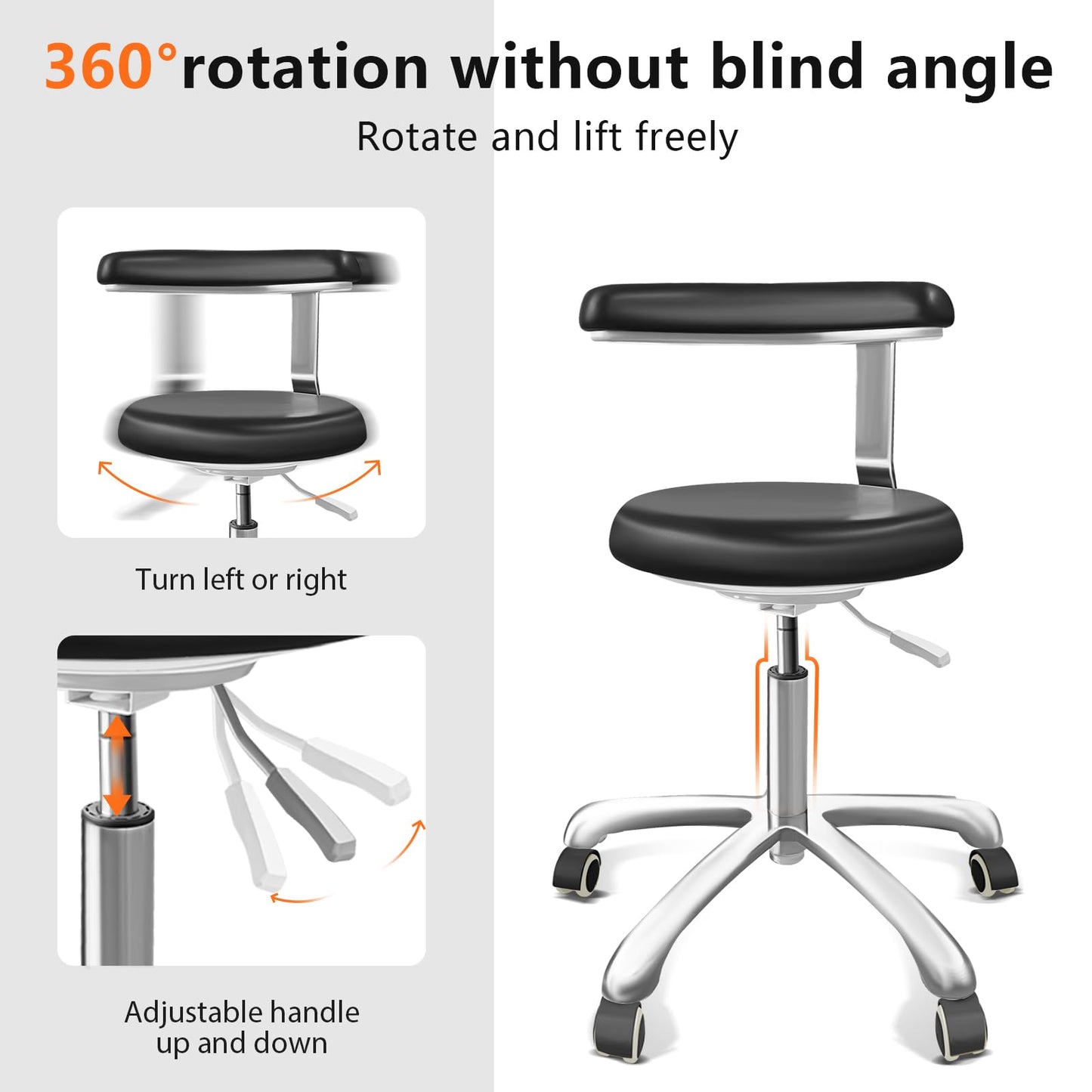 Medical Stool on Wheels with 360 Degree Swivel Armrests PU Leather Medical Stool, Height Adjustable, Salon, Shop, Home and Medical Dental Assistant Chair, Black
