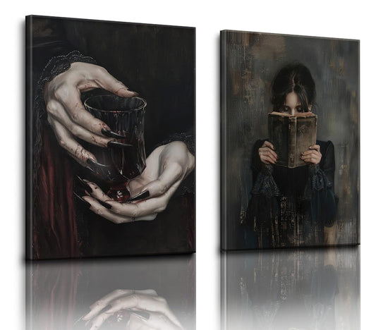 2 Pieces Gothic Posters Wall Art Dark Academy Vampire Pictures Victorian Woman Reading Magic Book Canvas Claw Hand Dracula Prints Moody Girl Witch Ghost Paintings Bedroom Library Classroom Office Home Decor 12x16 Inch Unframed