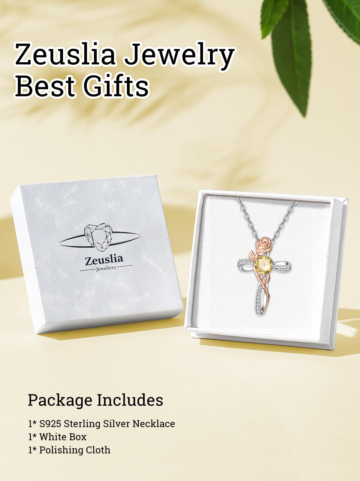 Zeuslia Cross Necklace for Women Sterling Silver Cross Pendant Jewelry with Rose Citrine November Birthstone Necklace Christian Religious Baptism First Communion Confirmation Birthday Gifts for Women