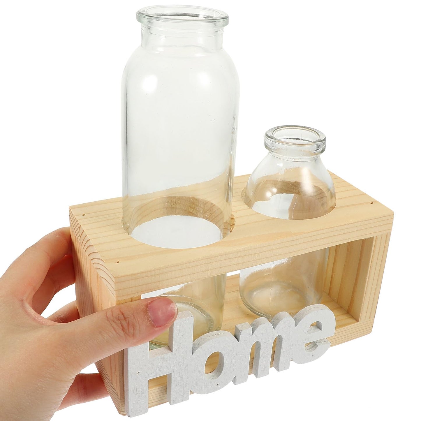 MAGICLULU Glass Vase for Indoor Plants and Hydroponic Garden, Nordic Style Bulb Planter with Natural Wood Frame, Desktop Terrarium Container Set of 2 for Home Décor and Plant Propagation