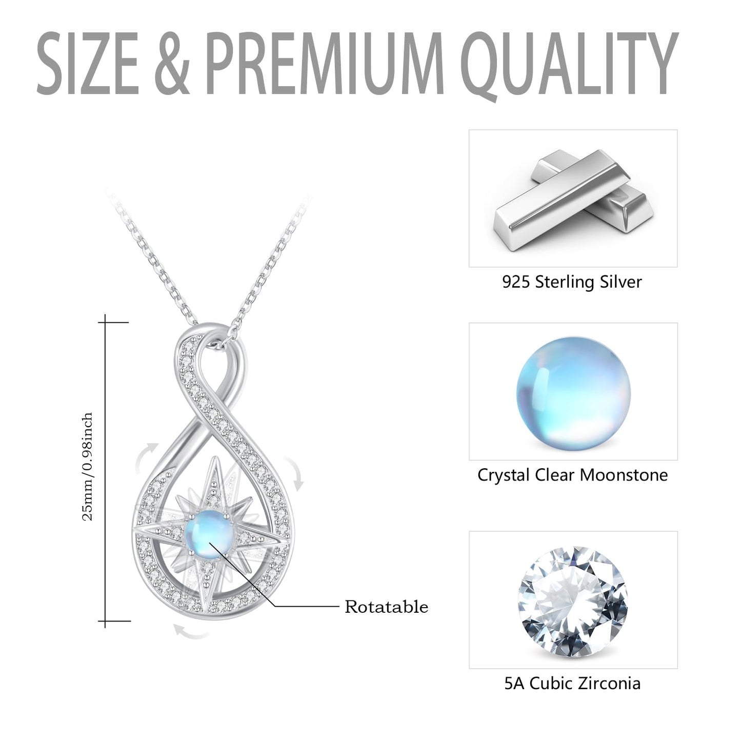 Silikepa Star Necklace for Women 925 Sterling Silver North Star Pendant Necklace Infinite Rotating Pendant with Moonstone Jewelry Gift for Women