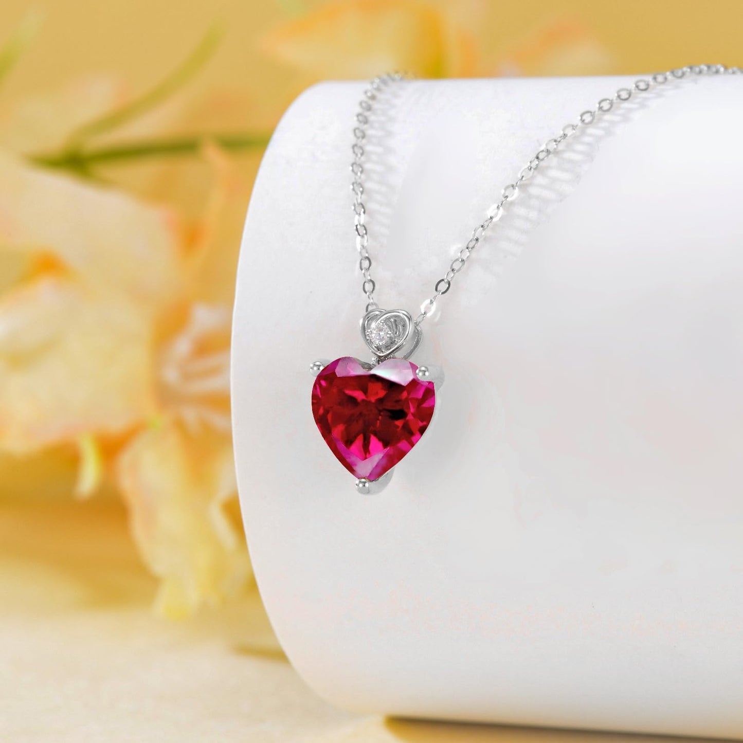 NFYBD 14k White Gold Love Heart Ruby Birthstone Pendant Necklace for Women 3 Carat Heart-cut Created Gemstone Anniversary Birthday Mother's Day Necklaces for Her-jul