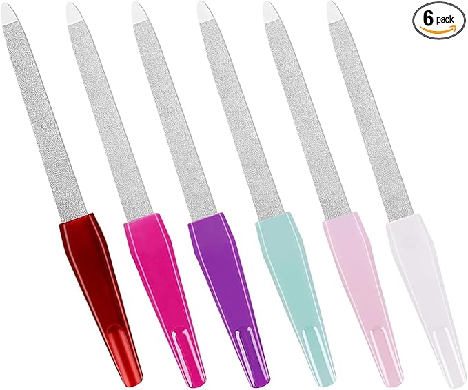 Nail Files for Natural Nails (6 PCs), Metal Nail Files Made of Stainless Steel with Sharp Pointed Tip Non Slip Handle, Double Sided Fingernail Files Sapphire Grit for Natural Nails Toenail Color Mix
