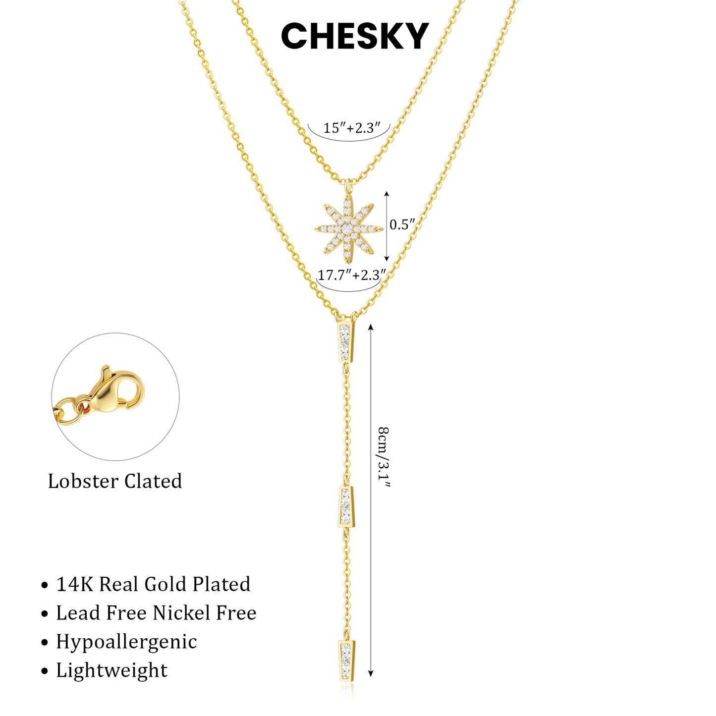 CHESKY 14K Gold Plated Long Necklace for Women North Star Layered Y Necklace Dainty Star Pendant Drop Stackble Necklace Trendy Jewelry
