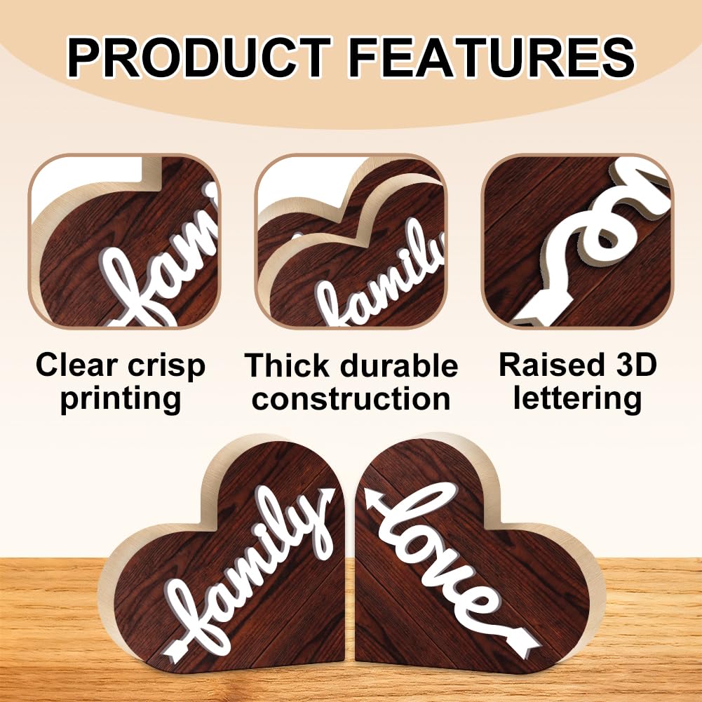 DOODLREAM 1 Pair Wooden Hearts Table Decor, Family Love 6.2 x 5.9 x 0.47 inch Wooden Sign for Desk, Rustic Brown Centerpiece Tabletop Decorations for Home, Wood Desk Sign