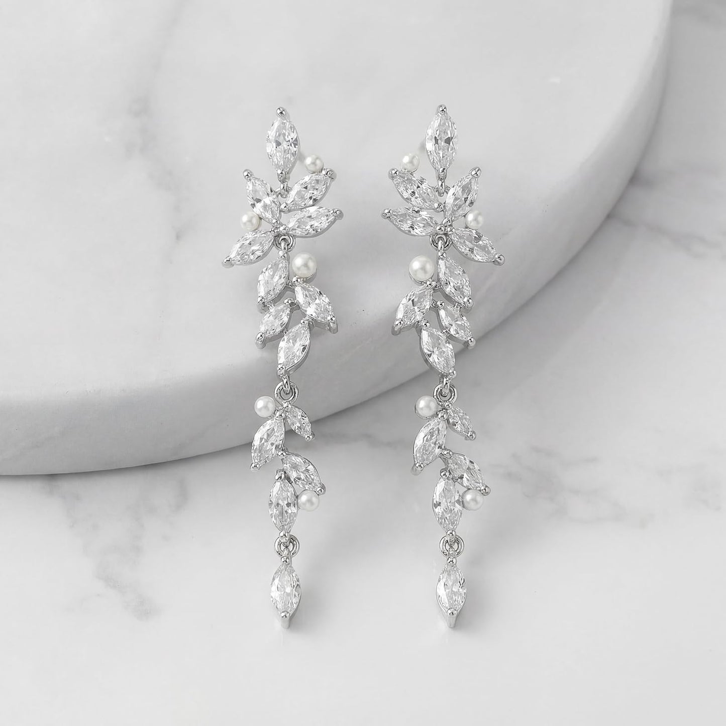 SWEETV Marquise Cubic Zirconia Dangle Earrings for Women, Crystal Wedding Bridal Drop Earrings for Brides Bridesmaids, Chandelier Earrings for Anniversary Prom Jewelry Gift, Silver-Style01