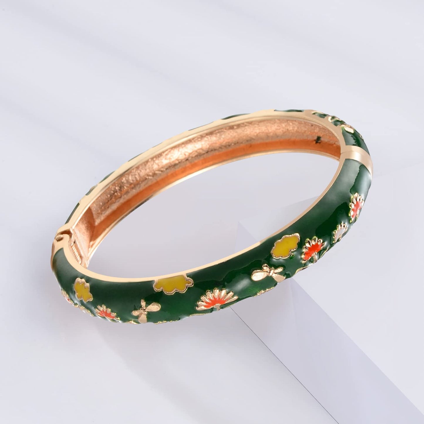 UJOY Vintage Cloisonne Bangles Bracelet Enamel Floral Spring Cuff Clasp Indian Jewelry for Women 55A18-55A120 Green