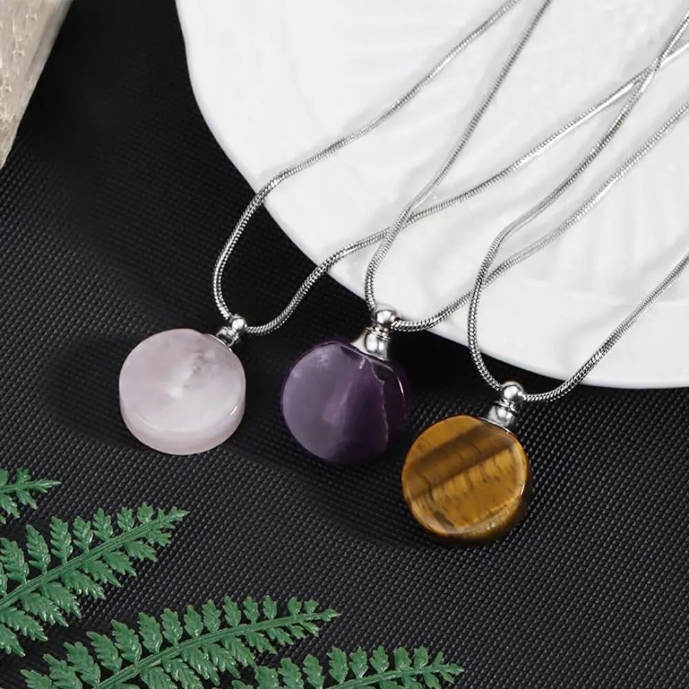 925 Sterling Silver Essential Oil Necklace For Women And Men, 14K Gold Filled Natural Stone Round Perfume Bottle Necklace, Essentials Oil Diffuser Vial Necklace (6 - Essential Oil Necklace)