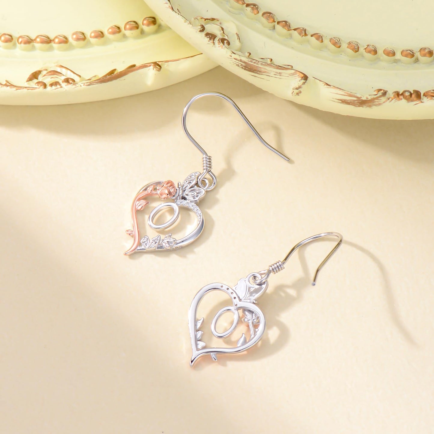 TOUPOP Rose Heart Initial Earrings Sterling Silver Butterfly Earring Initial O Letter Drop Dangle Earrings Jewelry Anniversary Birthday Mothers Day Gifts for Women Mom Wife Girlfriend Her
