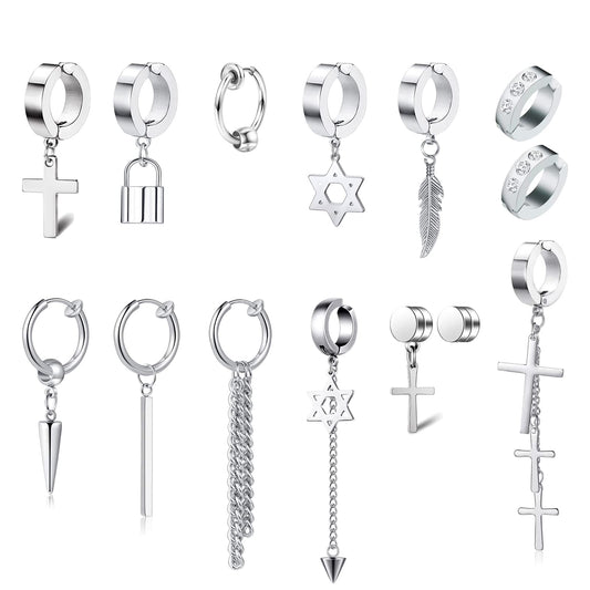 14 Pcs Silver Goth Stainless Steel Non Pierced Fake Piercing Cross Feather Spike Awl Star of David Dangle Tassel Clip on Hoop Earrings Set Jewelry for Unisex