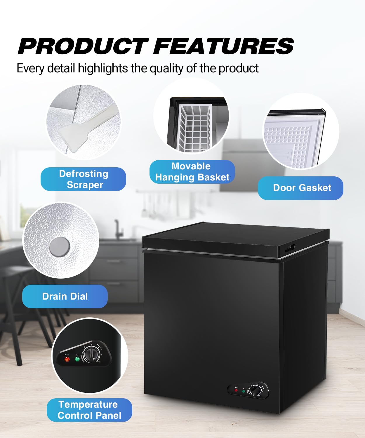 Compact Chest Freezer, 5.0 Cu Ft Deep Freezer with Removable Storage Basket, Mini Freezer with 7 Temperature Levels Thermostat, Black Top Open Door Freezer Ideal for Home, Kitchen & Office