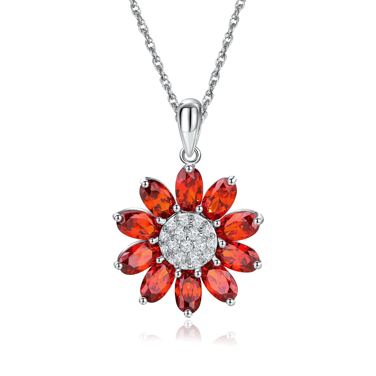 RANDES 925 Sterling Silver Sunflower Necklace Dainty Garnet Red Flower Necklaces for Women January Birthstone Necklace