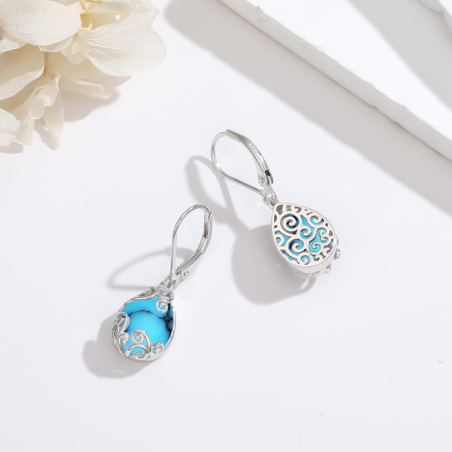 KoyeKei Turquoise Filigree Leverback Earrings for Women 925 Sterling Silver Turquoise Teardrop Dangle Drop Earrings Filigree Jewelry Anniversary Graduation Gifts for Wife Her Girlfriend