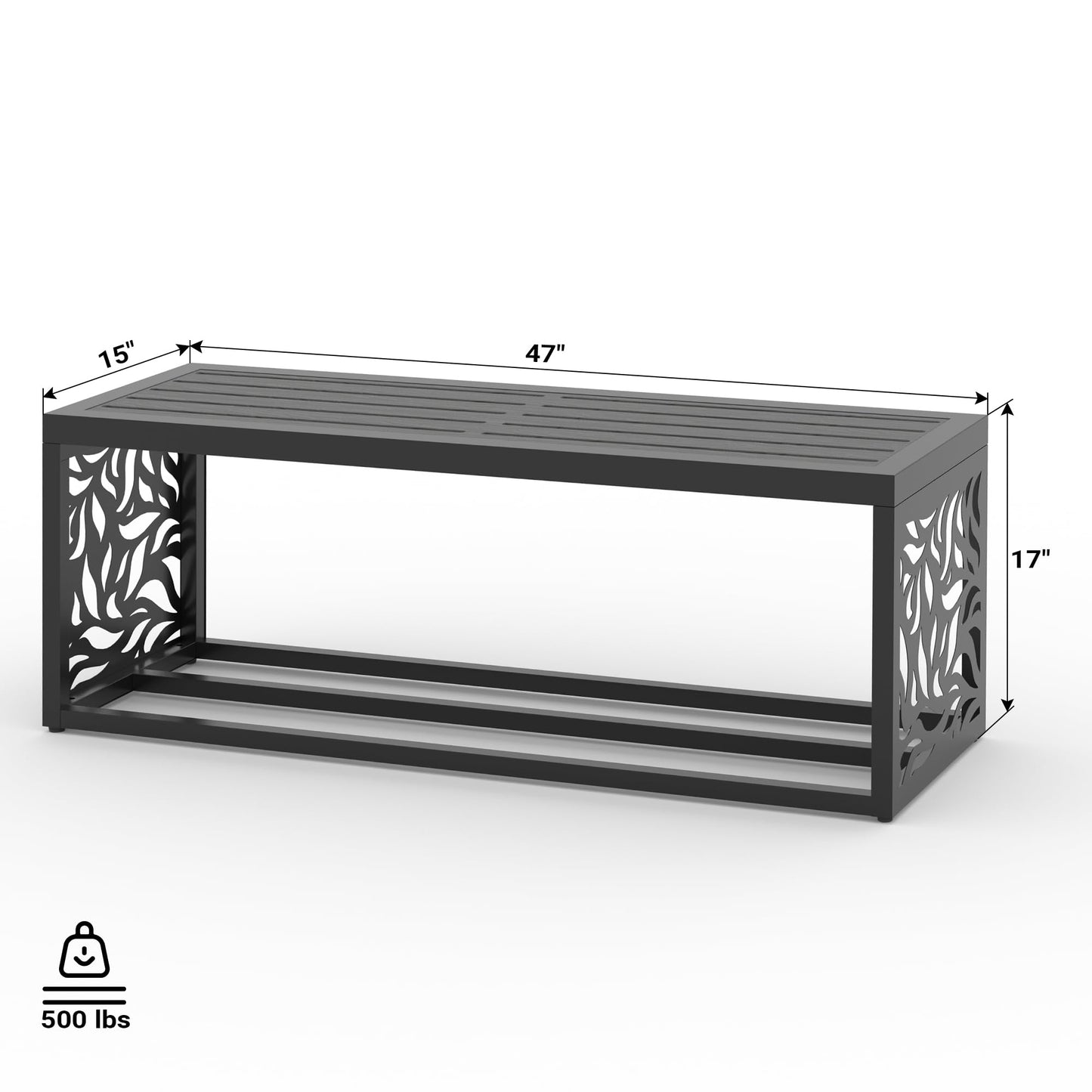 Orbotots 47" Outdoor Garden Bench with Storage Shelf, Modern Black Entryway Bench, Wood-Grain HDPE Seat, Galvanized Steel Frame with Powder Coating for Porch, Yard, Patio, Willow Leaf