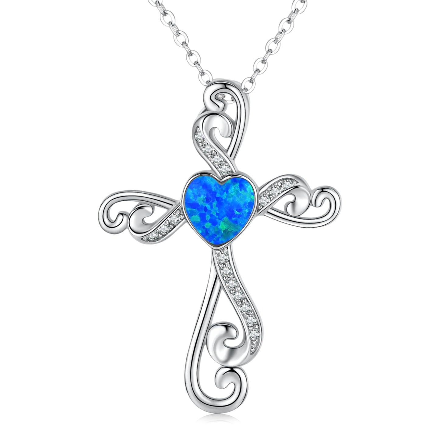 Twoowl Cross Necklace for Women 925 Sterling Silver Blue opal Cross Pendant Religious Necklace Cross Jewelry Gifts Birthday Christmas for Mom