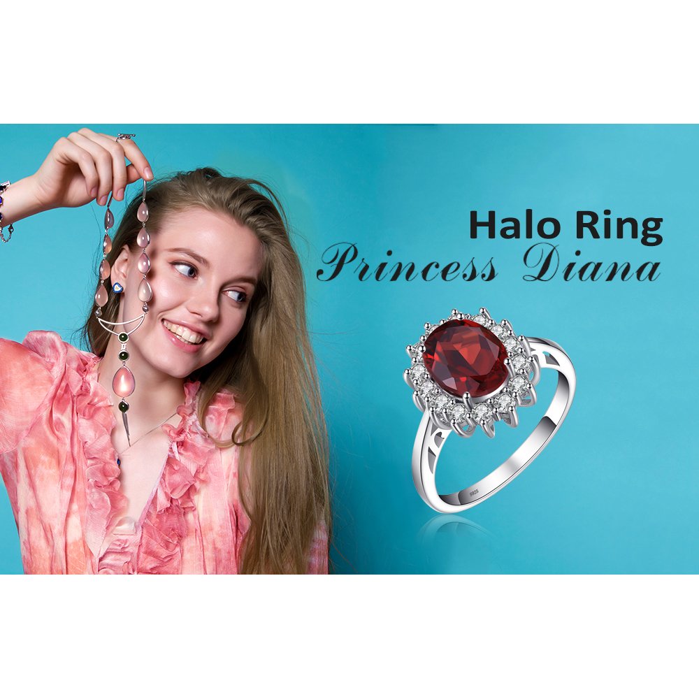 JewelryPalace Princess Diana Kate Middleton Gemstone Birthstone Genuine Red Garnet Halo Statement Engagement Rings for Women, 14K White Gold Plated 925 Sterling Silver Promise Rings for Her Size 10.5