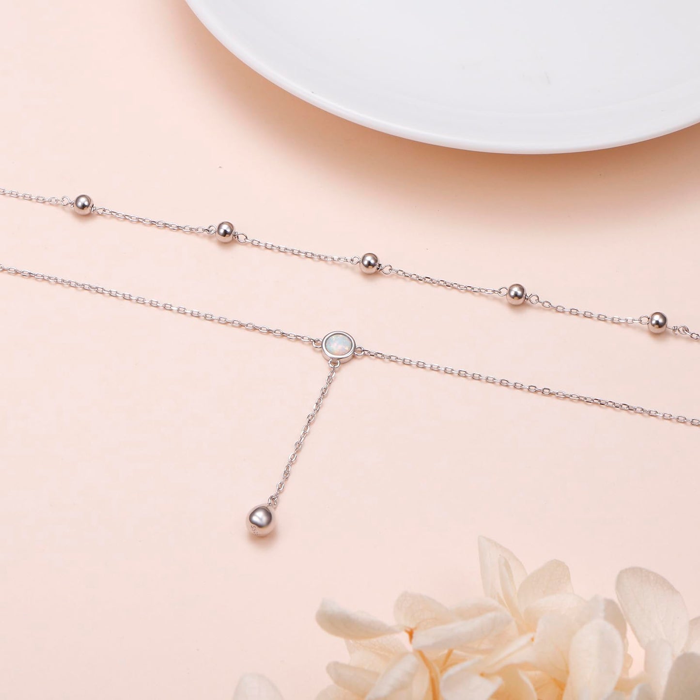 FLYOW S925 Sterling Silver Double Layered Necklace Teardrop White Opal Choker Y Lariat Necklace Mothers Day Birthday Gifts for Women Wife Fiancée