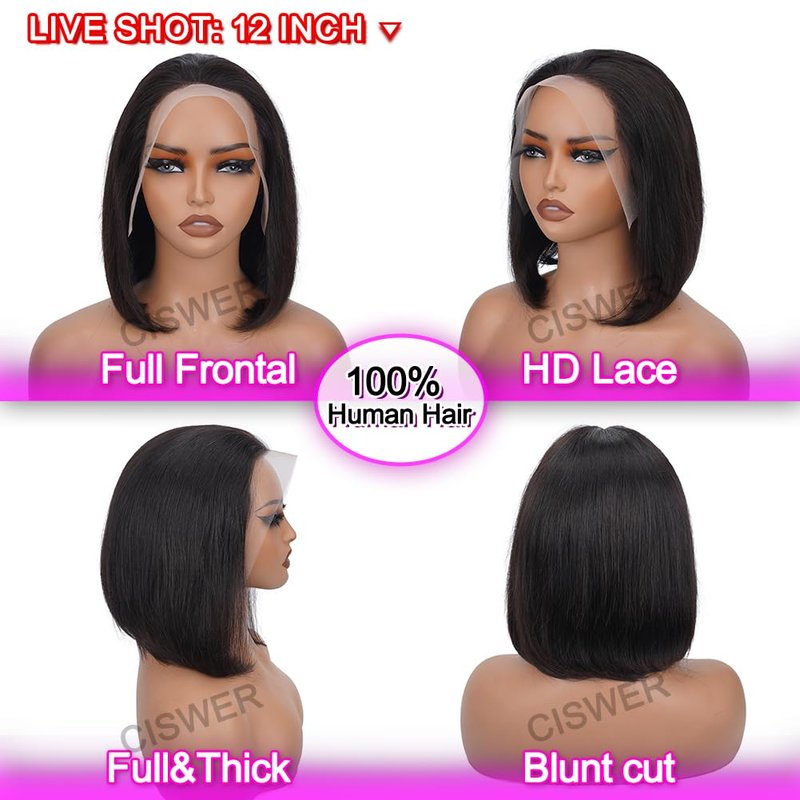CISWER Short Bob Wig Human Hair Straight 13x4 Lace Front Wig Human Hair Bob Wigs for Black Women Glueless 180 Density Black Wig 12 Inch
