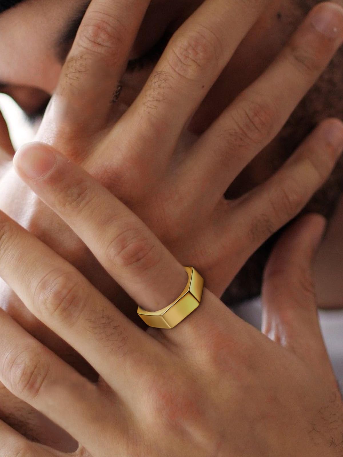 ChainsHouse Personalize Simple Band Rings 18K Gold Plated Geometric Hexagon Biker Ring for Men Women, Size 13