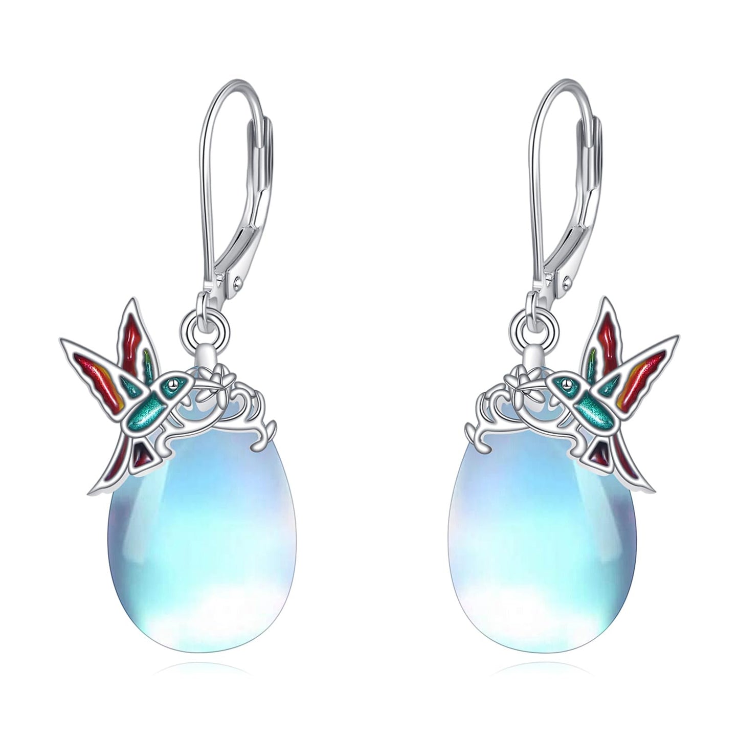 TIGER RIDER Hummingbird 925 Sterling Silver French Clasp Leverback Earrings Moonstone Pendant Jewelry Gift for Women
