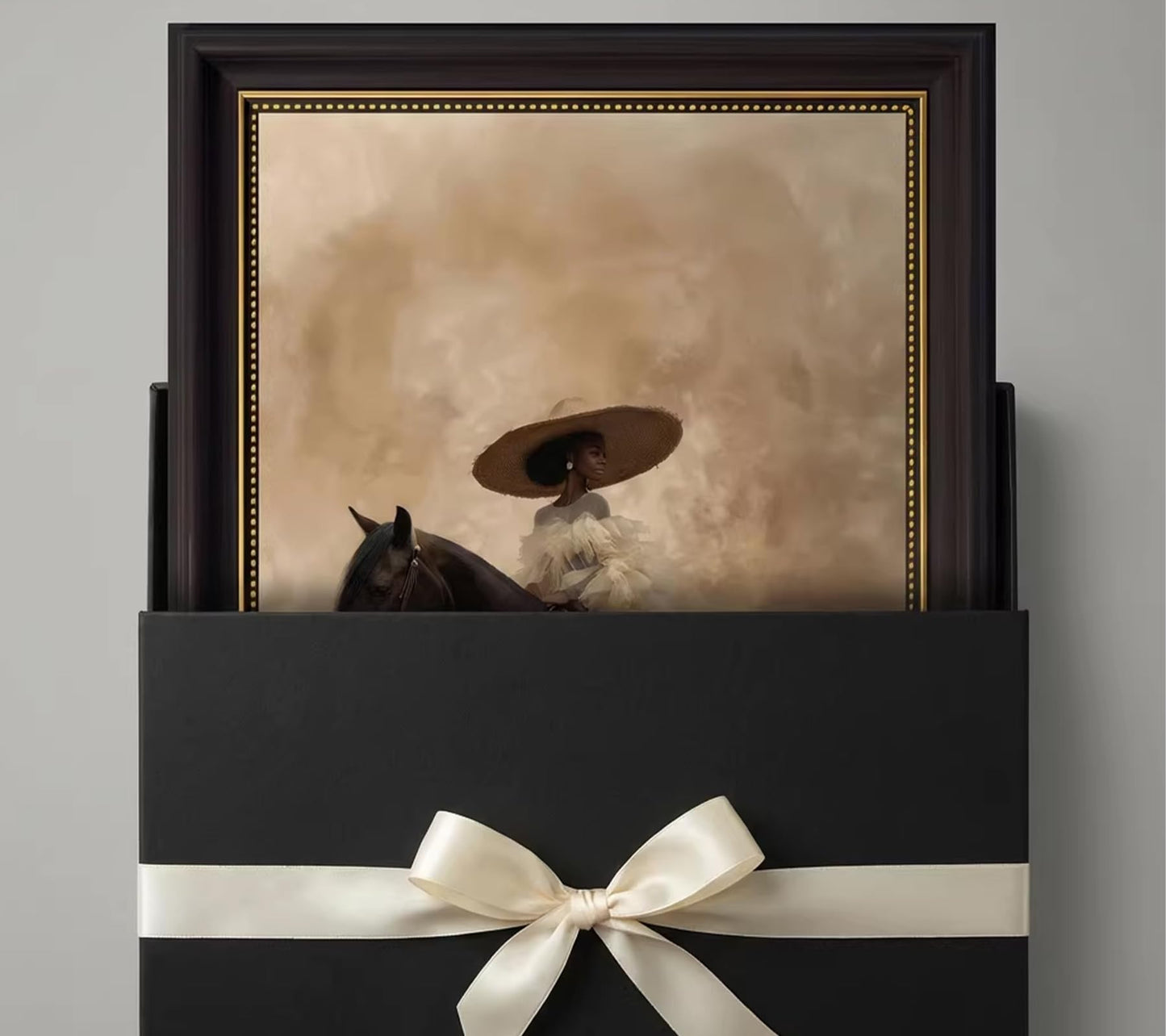 Dark Brown Framed Western Cowgirl Wall Art Trendg Black Girl Riding Horse Canvas Wall Decor African American Bride Woman Poster Print Artwork for Living Room Dormitory Bedroom 9x11 inch