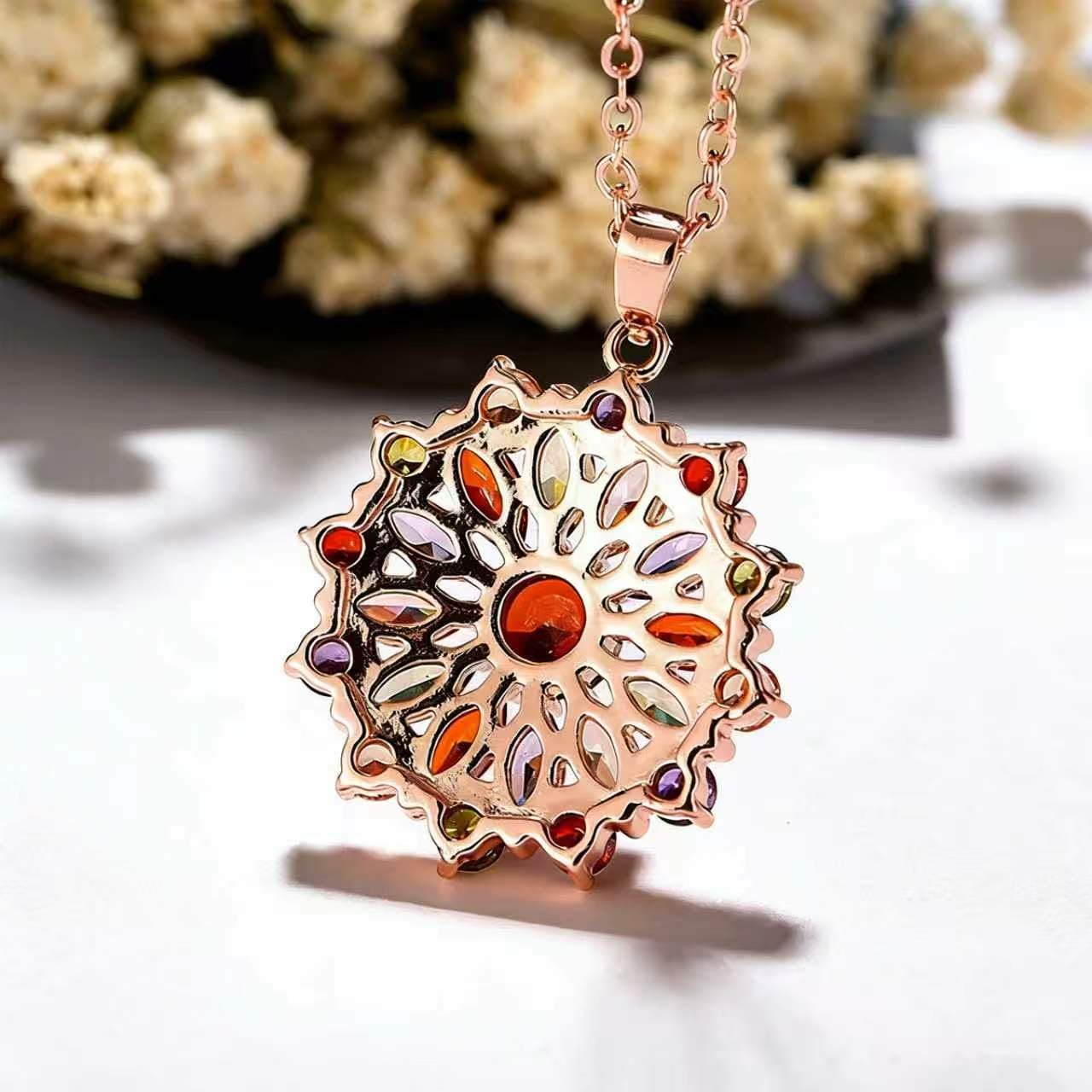 Kim Carrey Italian Elegant Rose Gold Necklace for Ladies | 18K Rose Gold Plated Necklace Pendant for Women | Gemstone necklace, Gift for Daughter, Wife, Mom, Her Jewelry (Colorful flowers)