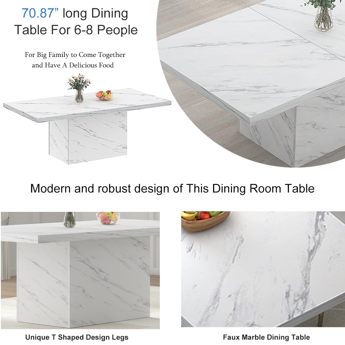HSH 71” White Faux Marble Dining Table, Rectangle Modern Dinner Kitchen Table for 6-8, Farmhouse Long Kitchen Furniture for Living Room, Industrial Wood Dining Room Table with Sturdy Base