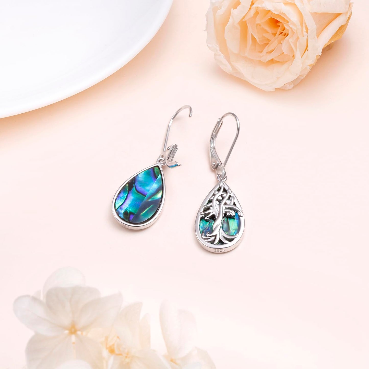SHAOAN 925 Sterling Silver Tree of Life Dangle Drop Earrings for Women Abalone Shell Teardrop Earring Jewelry Gift for Anniversary Birthday Christmas Mother’s Day