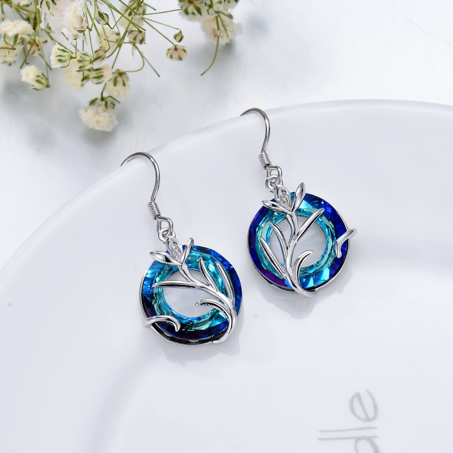 TOUPOP January Birth Flower Earrings Snowdrop Drop Dangle Earrings Blue Crystal Jewelry Birthday Mothers Day Gifts for Women Mom Her