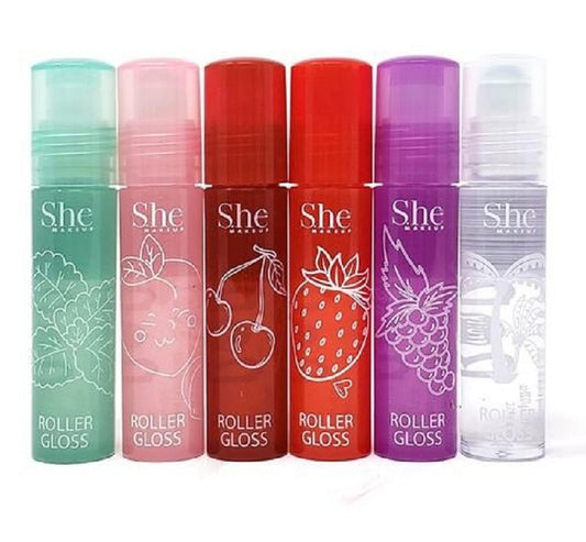 Fruity-Pop Roller Gloss by S.he Makeup; Smooth Glass Like Shine Lip Glosses, Complete Set of All 6 Flavor Scents 0.22oz 6.3g Clear
