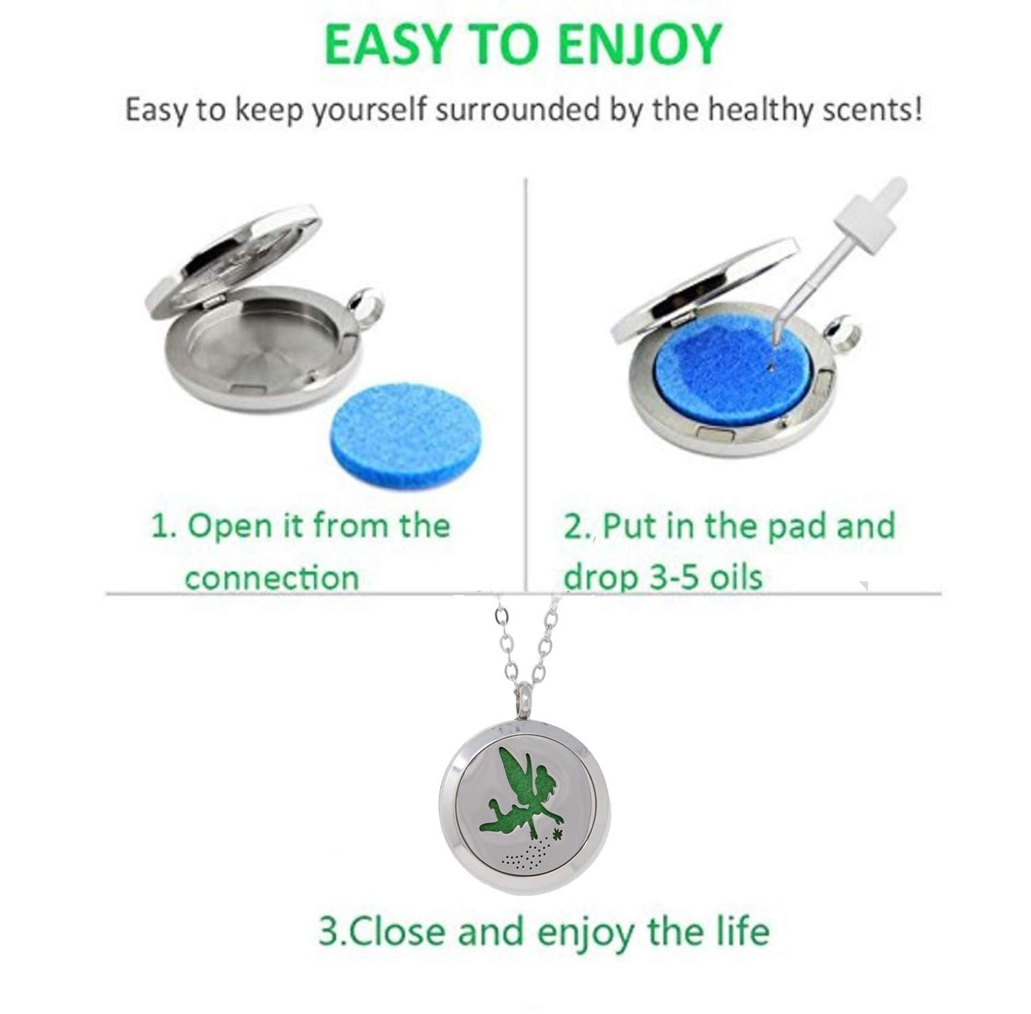 Aromatherapy Essential Oil Diffuser Stainless Steel 30MM Silver Magnetic Locket Pendant 2 Sizes Chain Necklace, Refill Pads & Diffuser Bracelet in a Velvet Bag (MagicFairyDust)