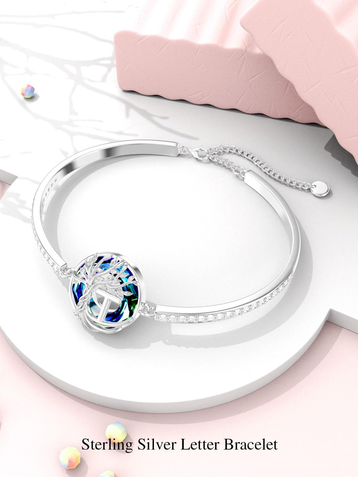 TOUPOP Tree of Life Bracelet Sterling Silver Initial T Letter Bangle Bracelet Family Tree Blue Crystal Jewelry Mothers Day Birthday Gifts for Women Mom Wife