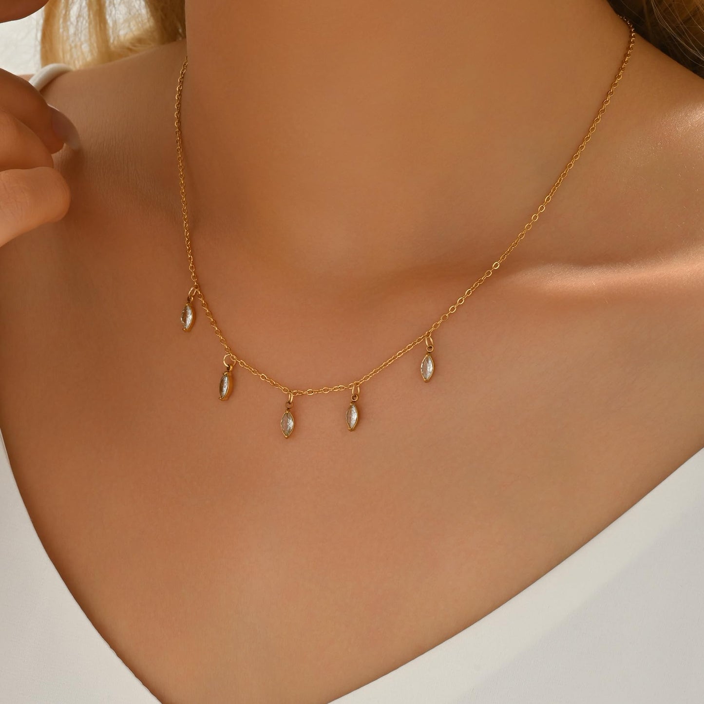 Jewigo Cubic Zirconia Necklaces for Women 18K Gold Plated Tear drop Necklace Dainty Layered CZ Lariat Diamond Necklace